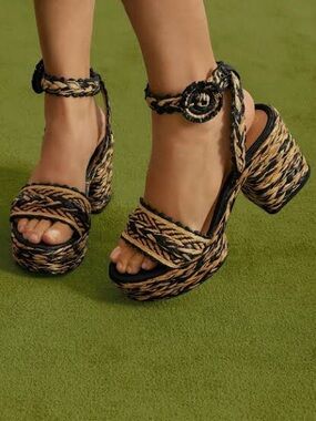 Sam Edelman Iliana Woven Raffia Platform Chunky Sandals Black Natural Size 6.5